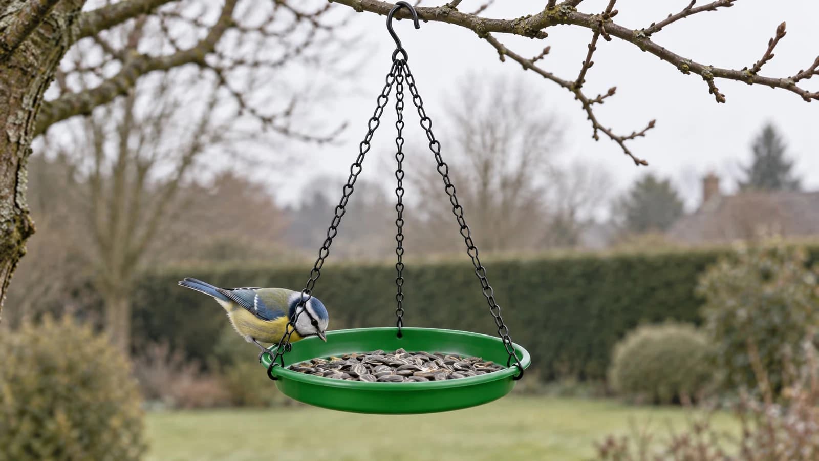 Plateau rond suspendu à trois chaînes dans un arbre d'hiver, une mésange bleue posée au bord parmi les graines de tournesol