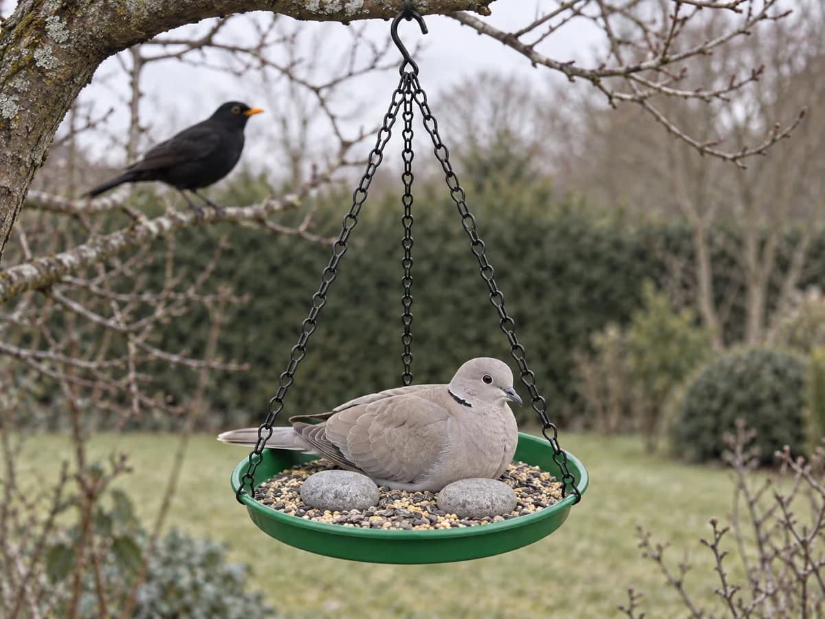 Tourterelle turque posée sur un plateau rond suspendu lesté de deux galets, un merle noir attendant son tour sur la branche voisine
