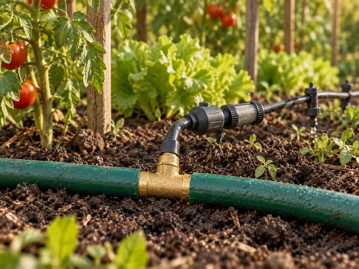 Détendeur de pression monté sur une ligne de micro-irrigation noire, après un raccord laiton, dans un potager