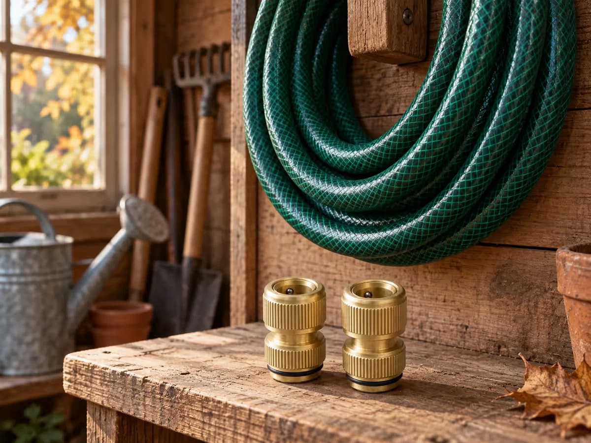 Tuyau d'arrosage vidangé et enroulé sur un crochet d'atelier de jardin, raccords en laiton essuyés posés sur une étagère en bois à l'abri du gel