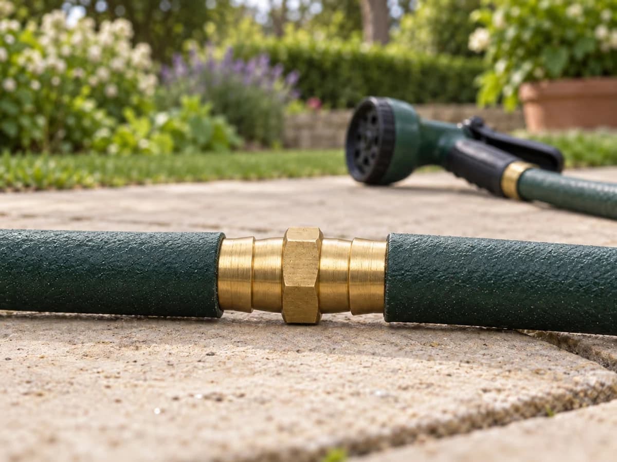Manchon laiton hexagonal entre deux tuyaux verts sur une dalle claire, jonction sèche, pistolet d'arrosage fermé posé plus loin