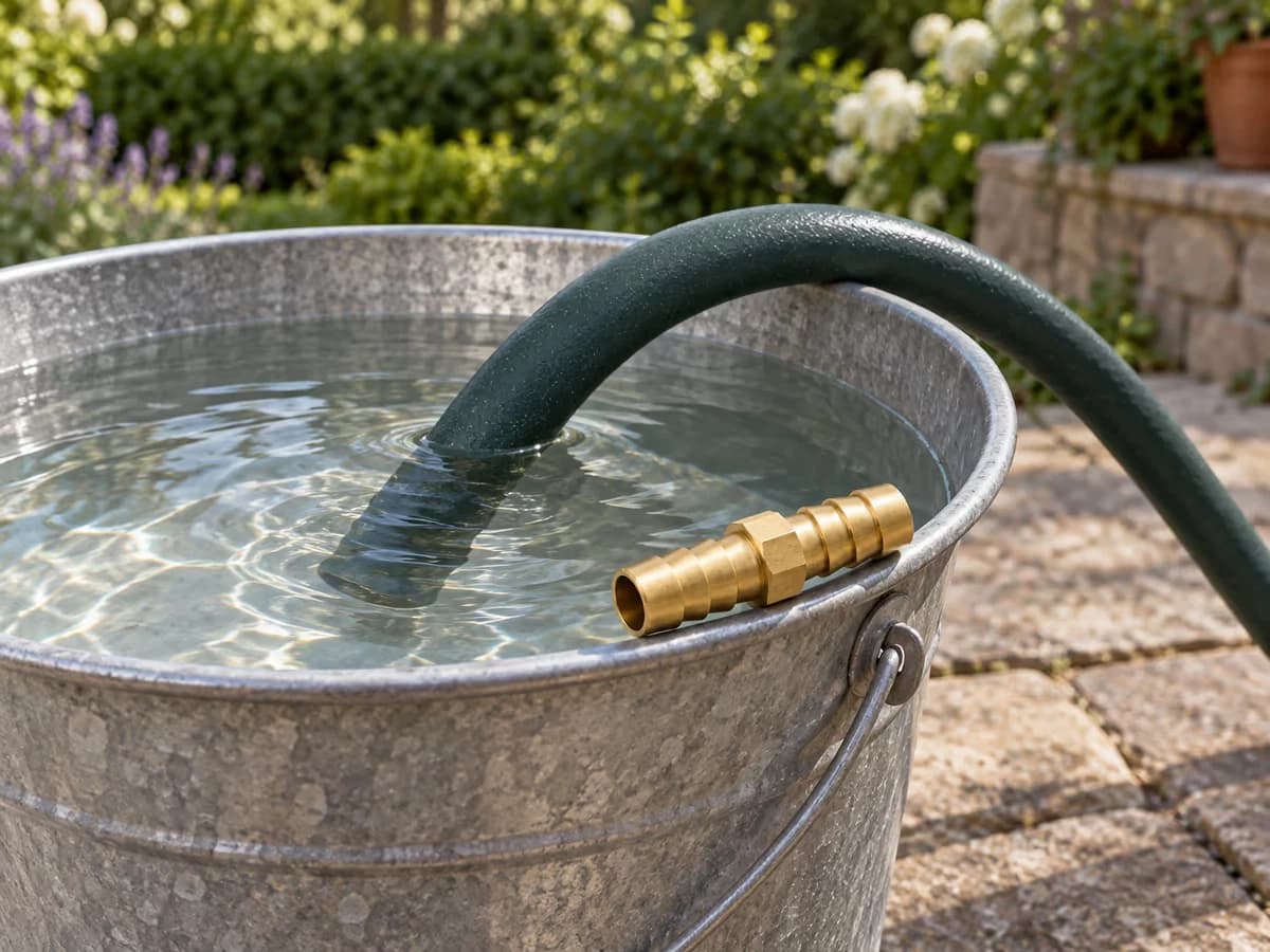 Bout de tuyau d'arrosage plongé dans un seau d'eau chaude sur une terrasse en pierre, manchon laiton posé sur le rebord