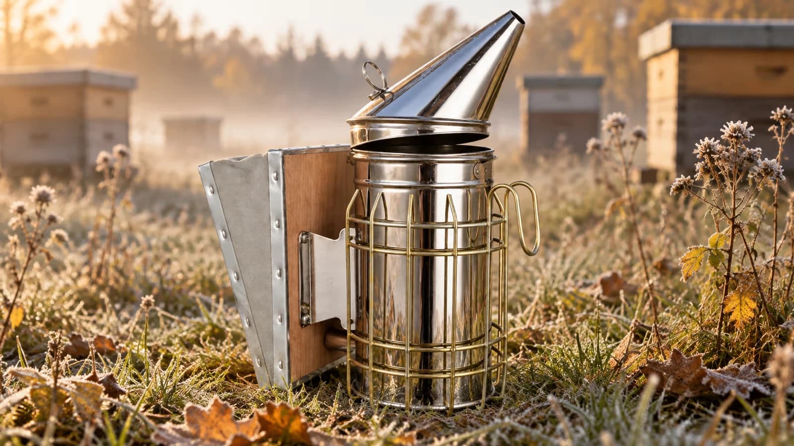 Enfumoir en acier inoxydable posé au sol dans un rucher d'automne, couvercle conique entrouvert, herbes jaunies et brume matinale autour