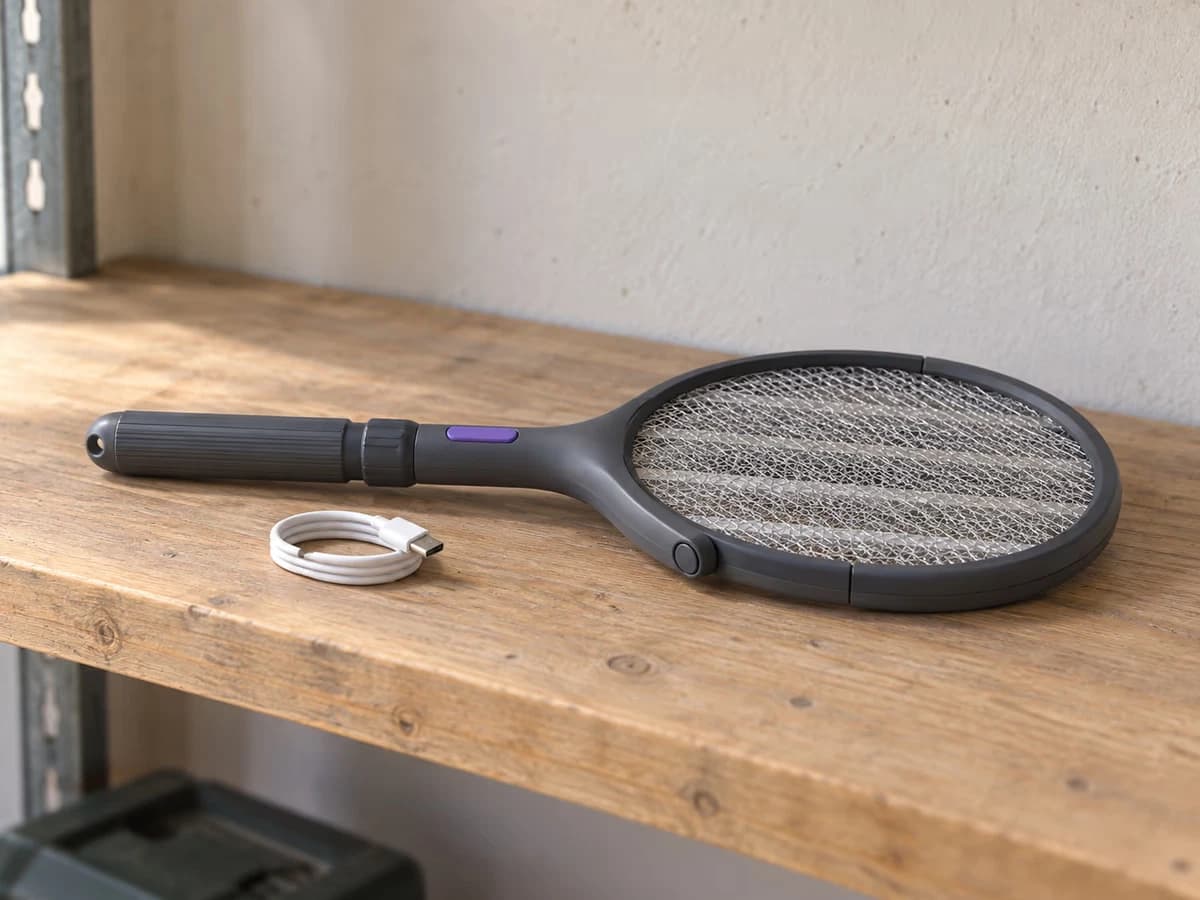 Raquette anti moustique pliée sur une étagère de garage, manche rétracté, câble USB-C enroulé à côté, lumière naturelle