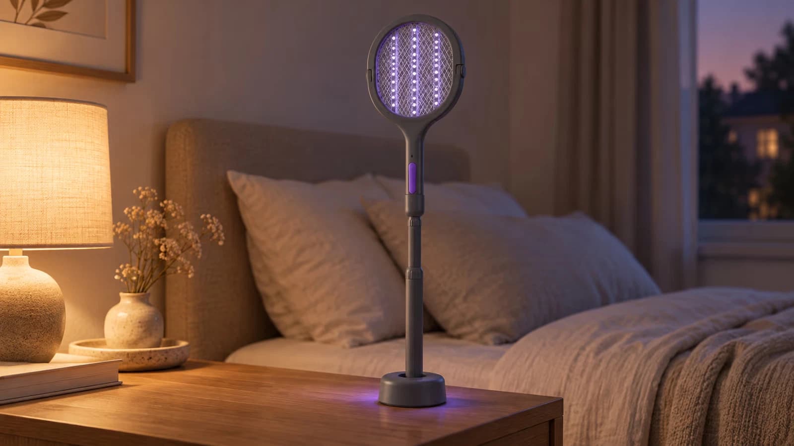 Raquette électrique anti moustique gris foncé posée sur son socle avec la lampe UV allumée sur une table de chevet
