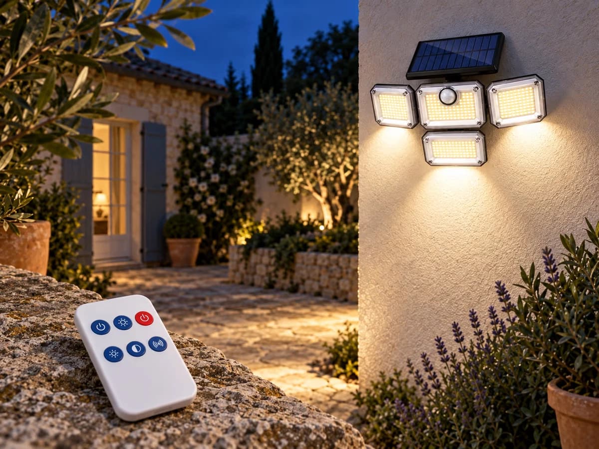 Télécommande blanche tenue dans la main, boutons de sélection des trois modes d'éclairage