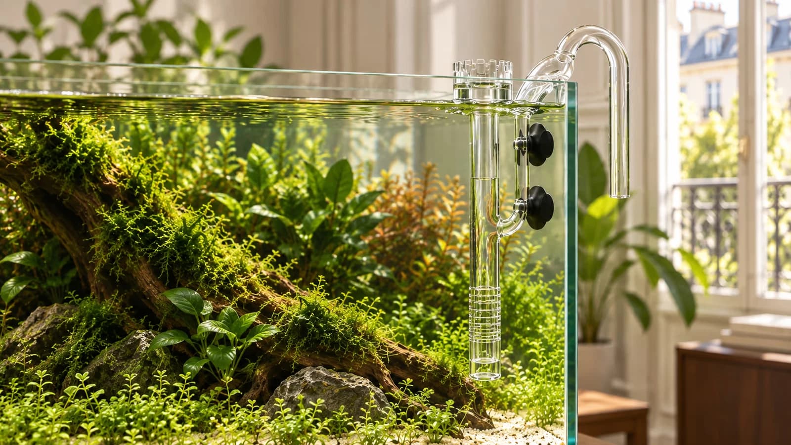 Tube d'aspiration en verre à couronne crénelée affleurant la ligne d'eau d'un aquarium planté, le long d'une vitre dégagée