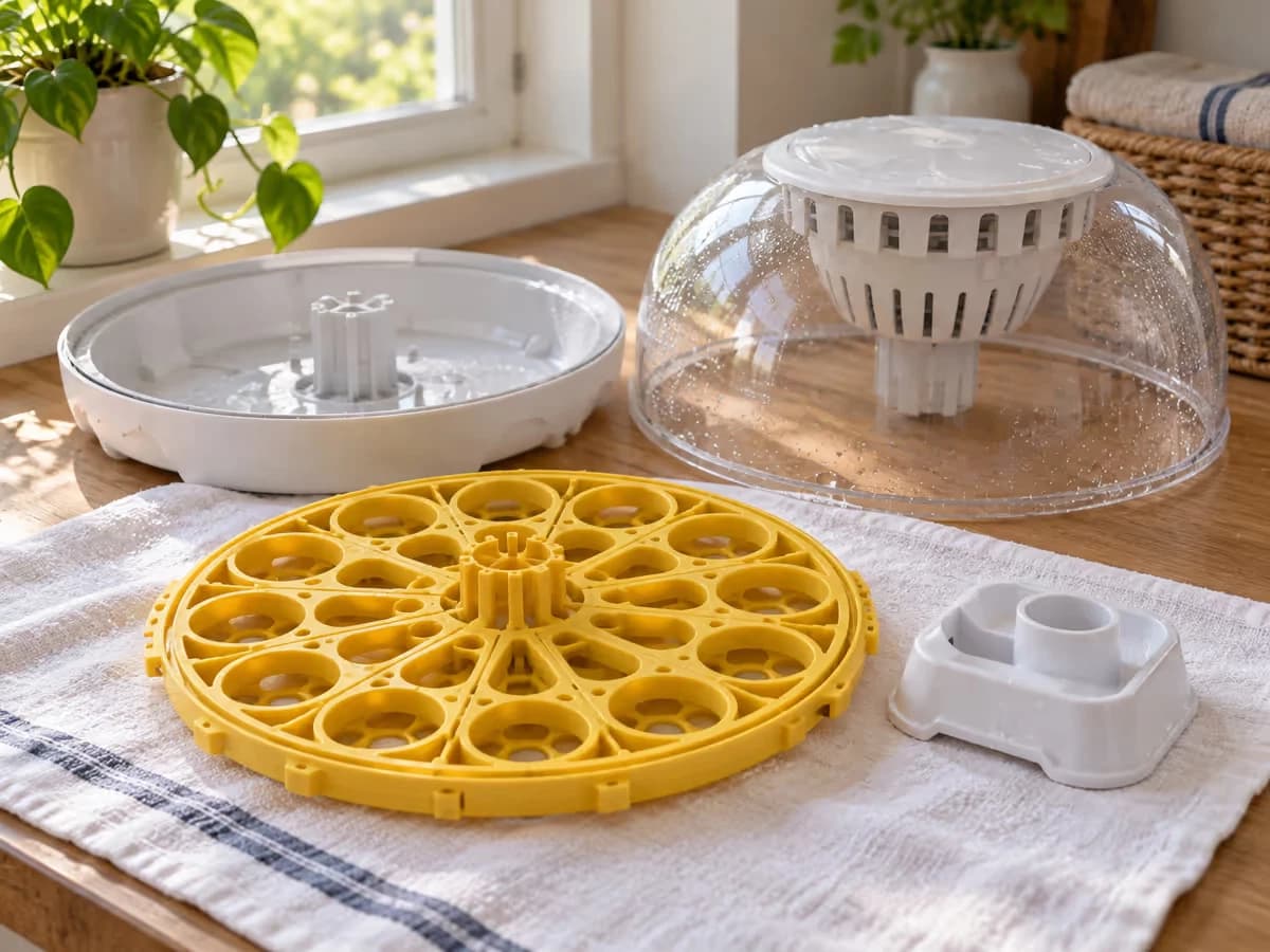 Plateau à cases et bac à eau en plastique lavés, posés à sécher sur un linge propre près de la couveuse ouverte