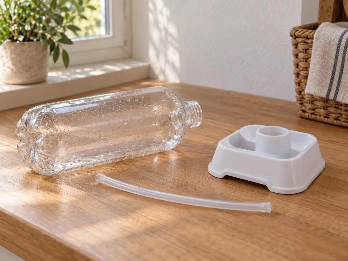Bouteille d'appoint transparente et tuyau souple rincés, séchant à l'air libre à côté du bac à eau vide