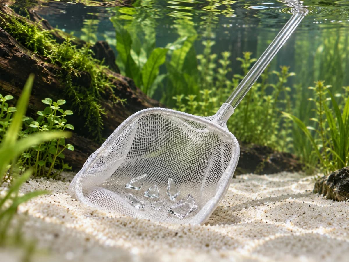 Petits éclats de verre transparent récupérés dans une épuisette très fine au-dessus du sable d'un aquarium