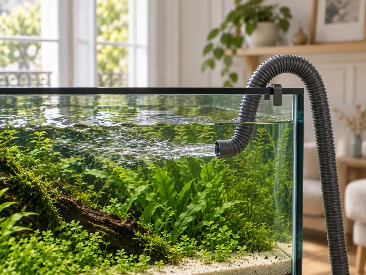 Un tuyau souple nu passant par-dessus le bord d'un aquarium, son jet dirigé contre la vitre arrière