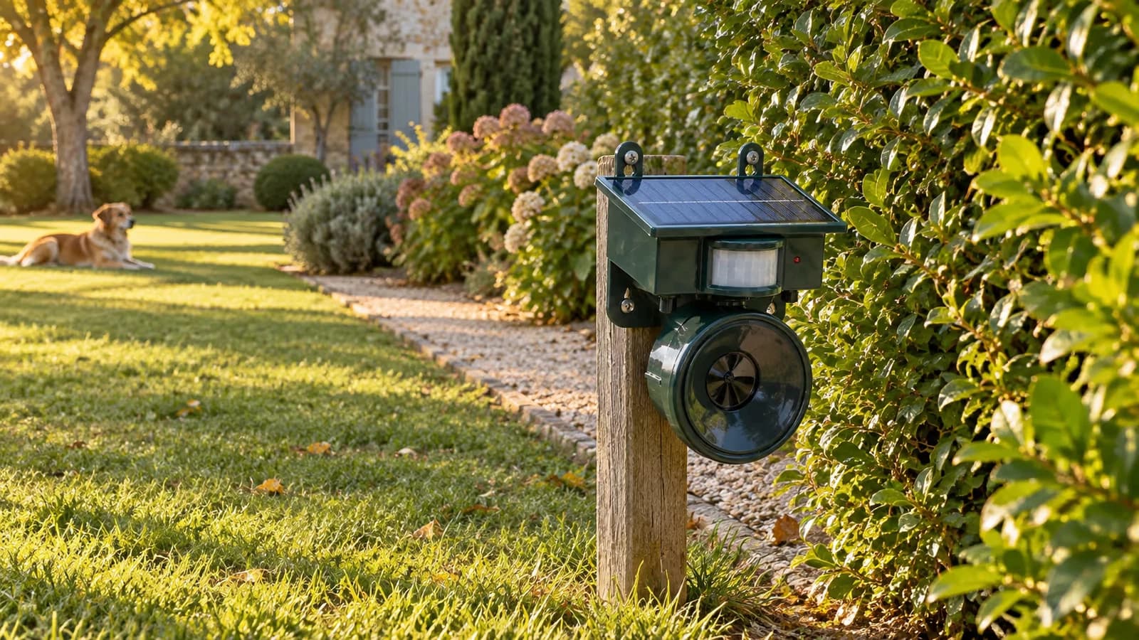 Boîtier répulsif solaire vert planté au bord d'une allée de jardin, façade tournée vers une haie, chien couché à distance sur la pelouse