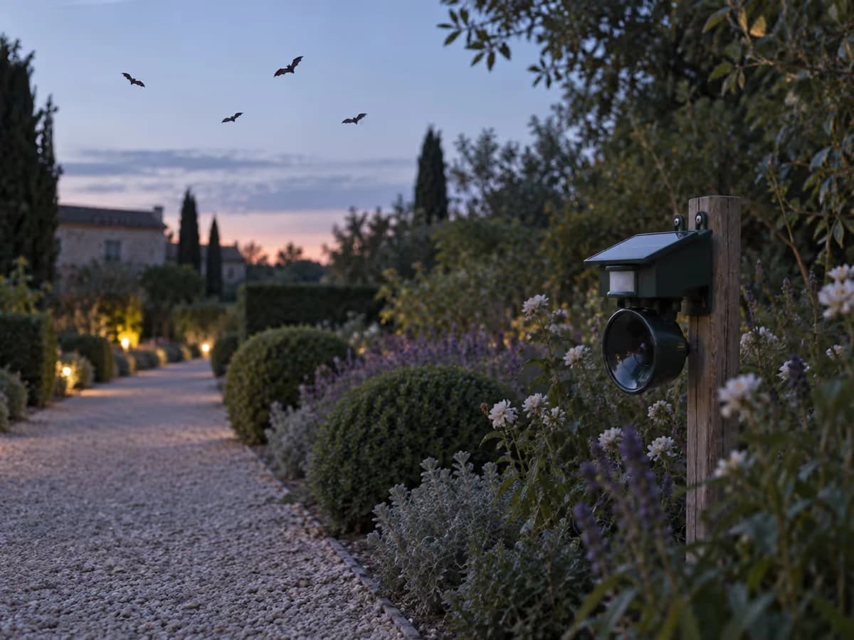 Chauves-souris en vol au crépuscule au-dessus d'une allée de jardin bordée de massifs, boîtier répulsif vert planté plus loin à contre-jour