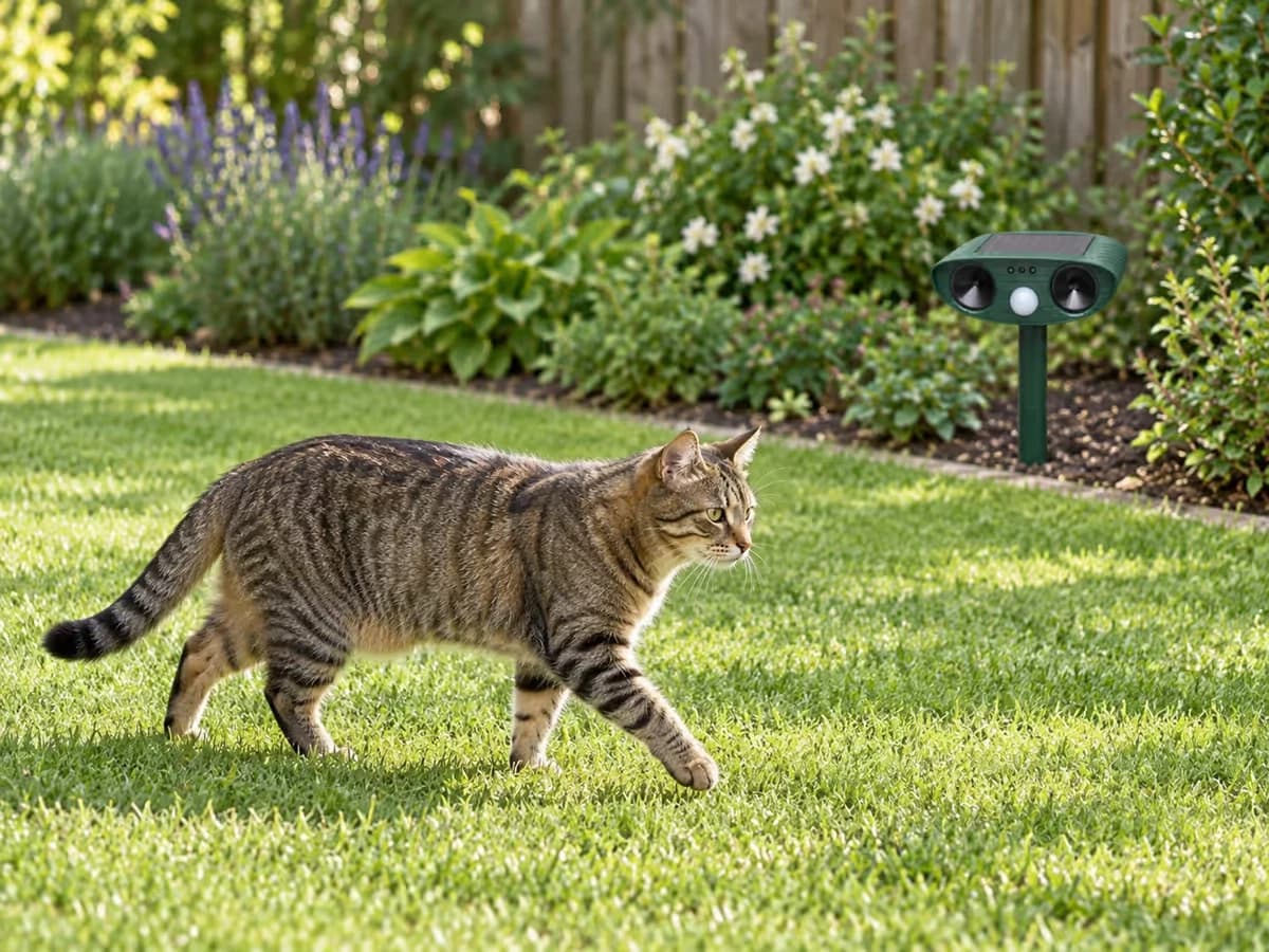 Chat tigré debout sur une pelouse rase, boîtier solaire vert sur piquet à l'arrière-plan près d'une bordure