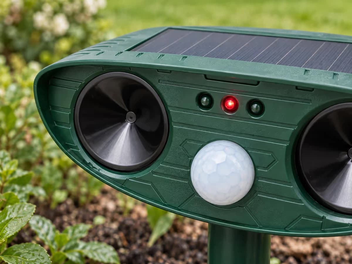 Tranche avant d'un boîtier solaire vert vu de près, témoin lumineux allumé au-dessus de la coupelle du détecteur