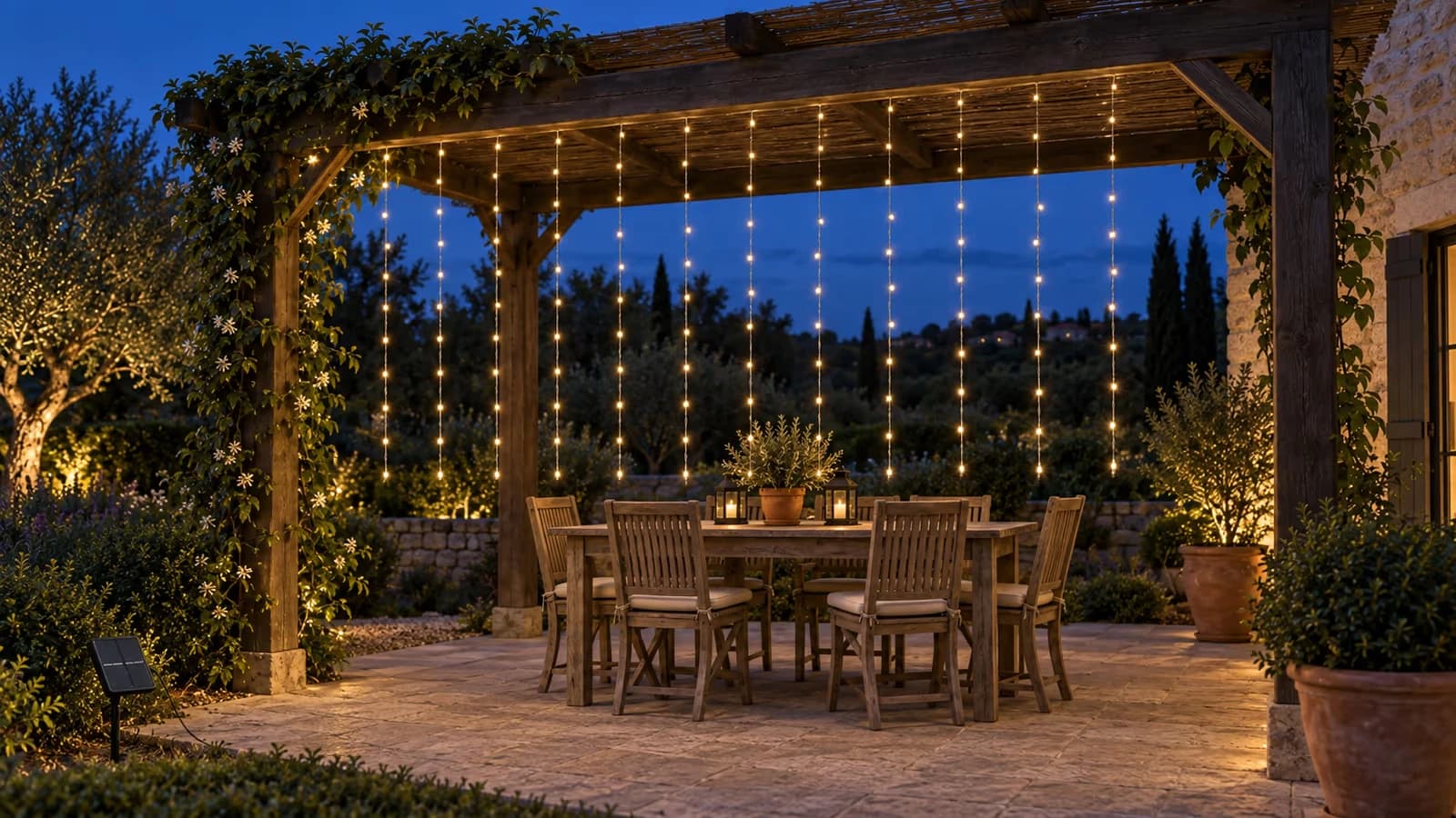 Rideau de fines colonnes de diodes blanc chaud suspendu sous un auvent de terrasse à la tombée du soir, tombée régulière jusqu'à hauteur de table