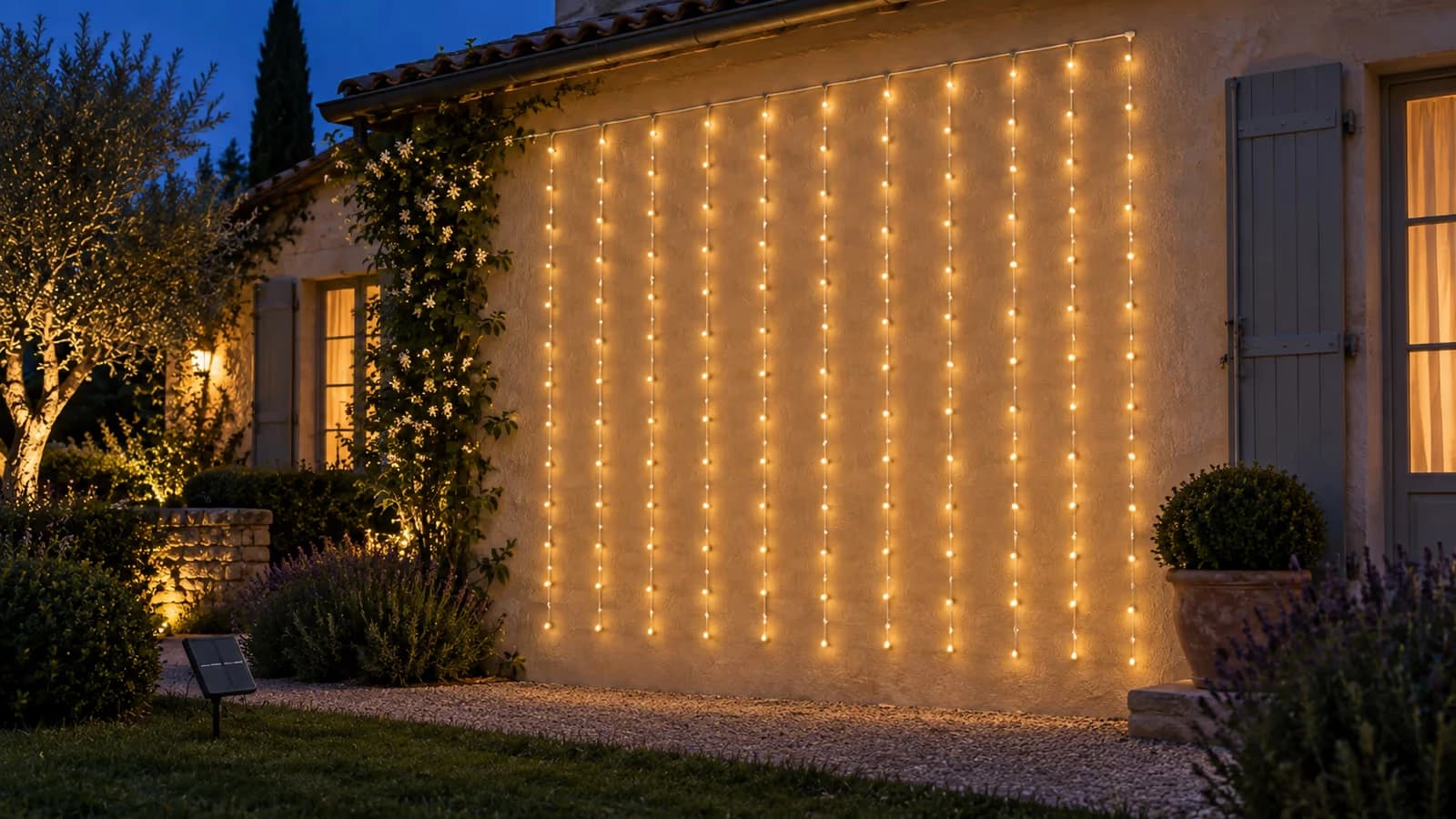 Façade en crépi clair à la nuit tombée, rideau de colonnes de diodes blanc chaud sur trois mètres de large