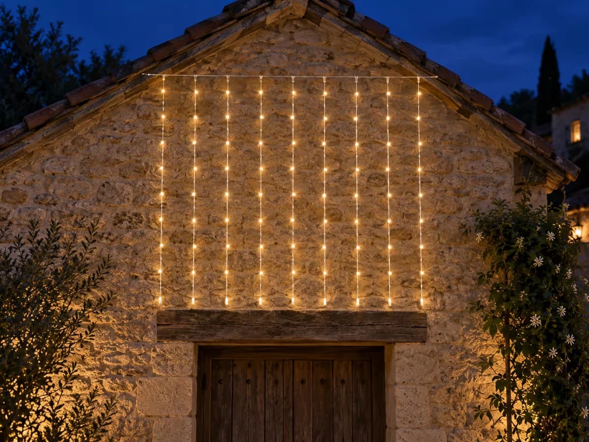 Pignon de pierre le soir, rideau lumineux tendu sur toute la largeur du mur, colonnes de diodes jusqu'au-dessus de la porte