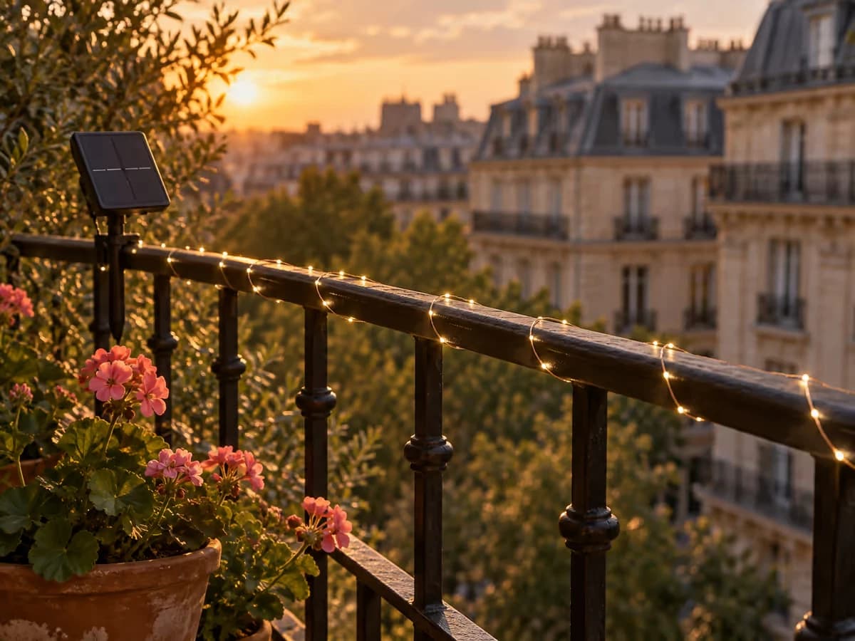 Rambarde métallique de balcon en fin d'après-midi, enroulée d'un fil fin à micro-diodes, points blanc chaud déjà visibles