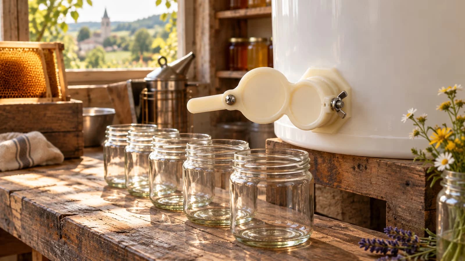 Seau de récolte posé sur un établi de rucher, robinet à levier blanc vissé près de la base, rangée de petits pots en verre face au bec verseur