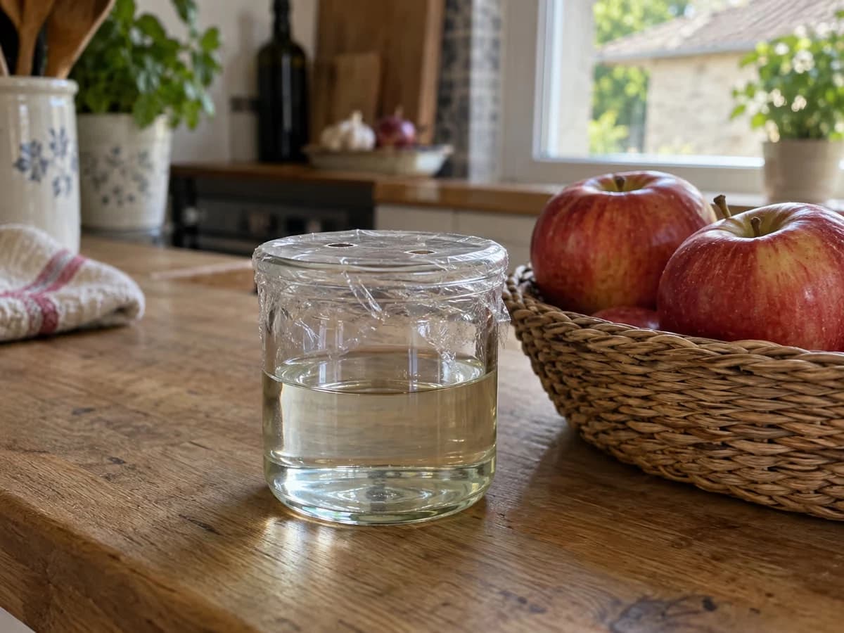 Petit bocal en verre rempli de vinaigre, film percé posé dessus, à côté d'un panier de pommes mûres sur un plan de travail