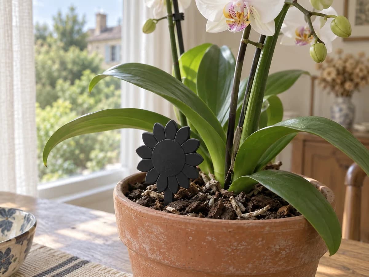 Plaque noire en forme de tournesol plantée sur son pic dans le terreau d'une orchidée posée près d'une fenêtre