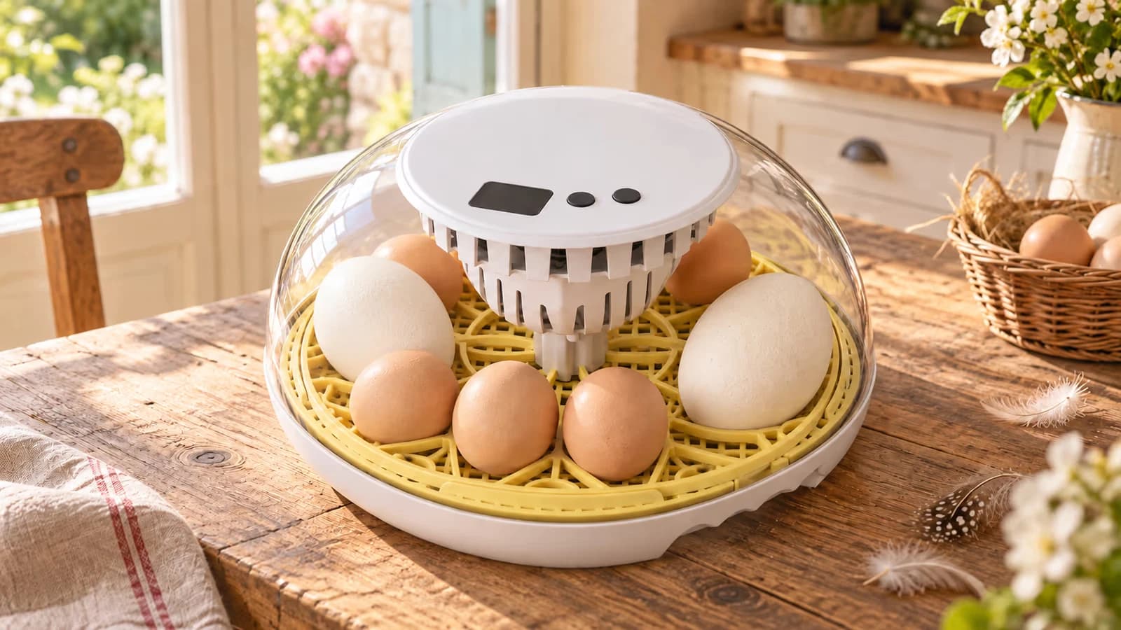 Couveuse translucide près d'une fenêtre, gros oeufs blancs et oeufs bruns sur la grille du plateau, lumière de printemps