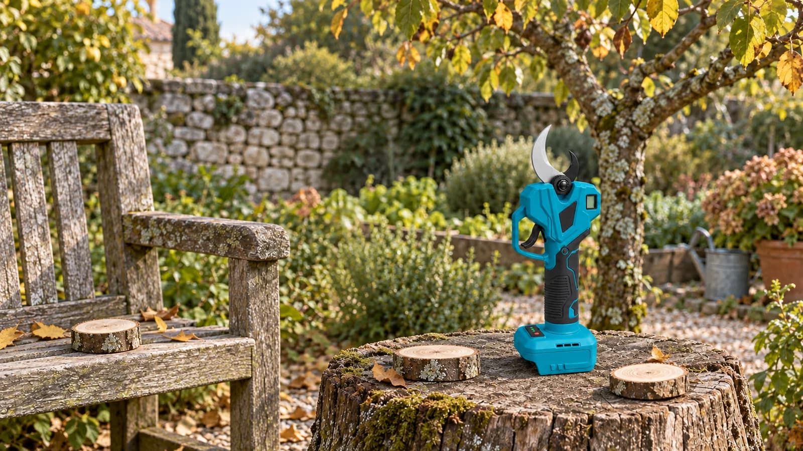 Sécateur électrique à lames largement ouvertes posé sur une souche, rondelles de bois clair coupées à côté