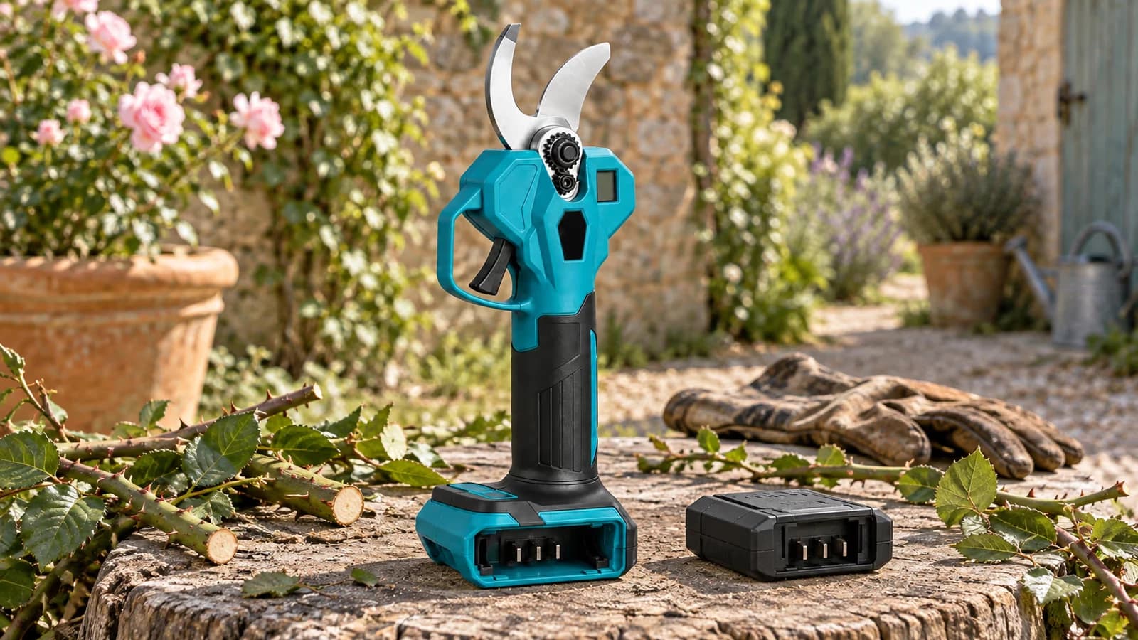 Sécateur électrique bleu et noir posé sur un billot, batterie noire décrochée à côté de la base de poignée, rameaux de rosier en attente