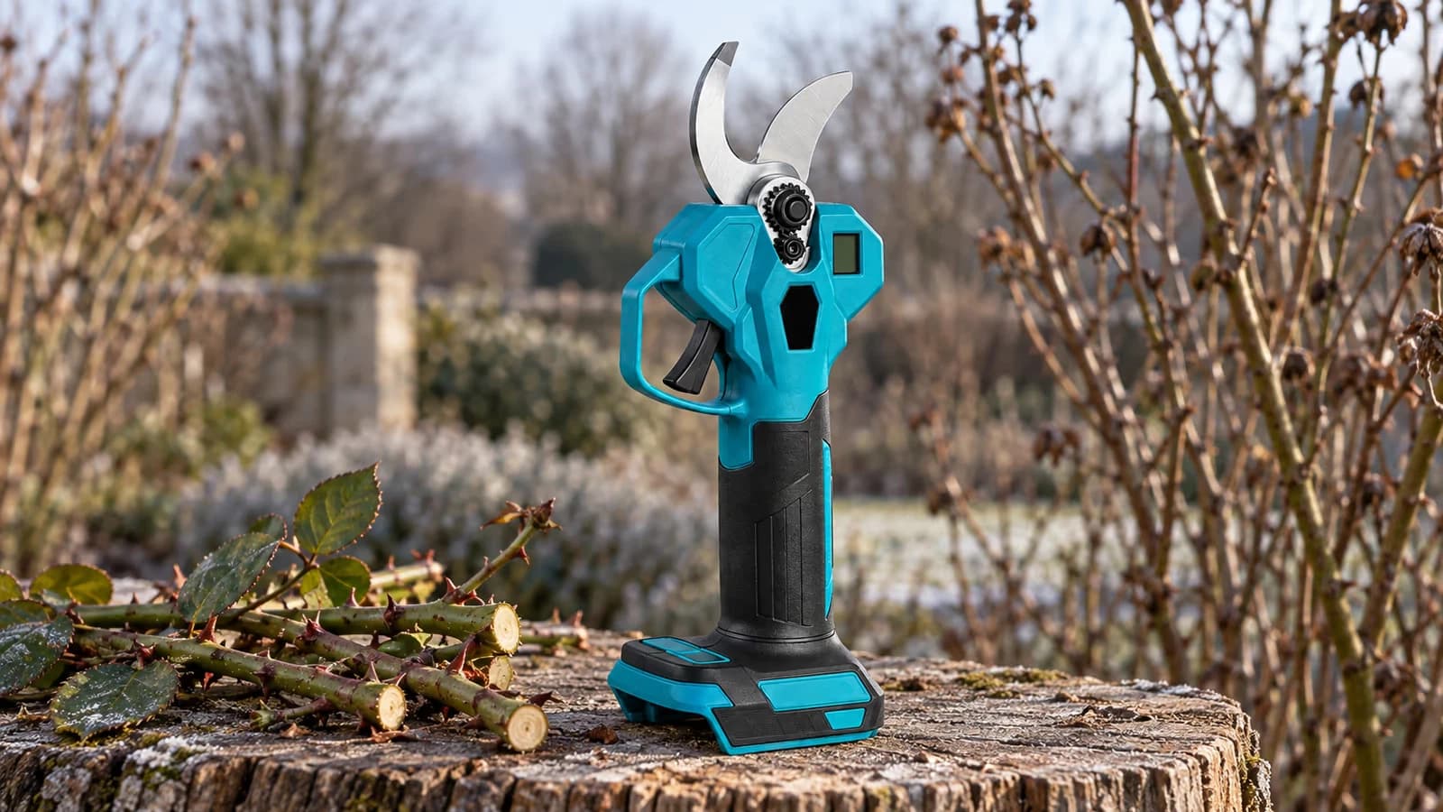 Sécateur électrique bleu et noir posé sur un billot de bois, lame grande ouverte, rameaux de rosier coupés à côté