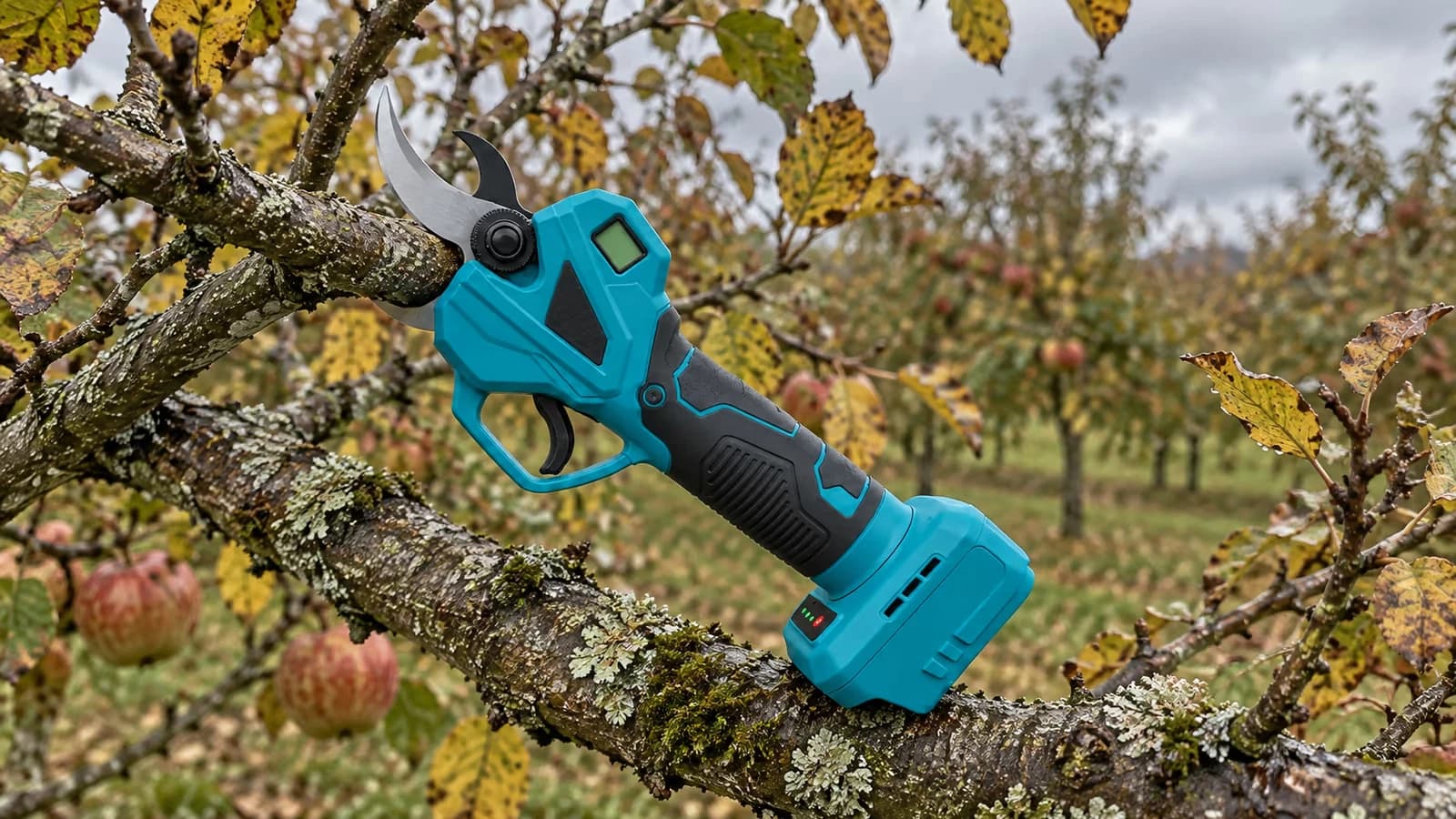 Sécateur électrique posé sur une branche de pommier en octobre, lames ouvertes, feuillage jauni et ciel gris en arrière-plan