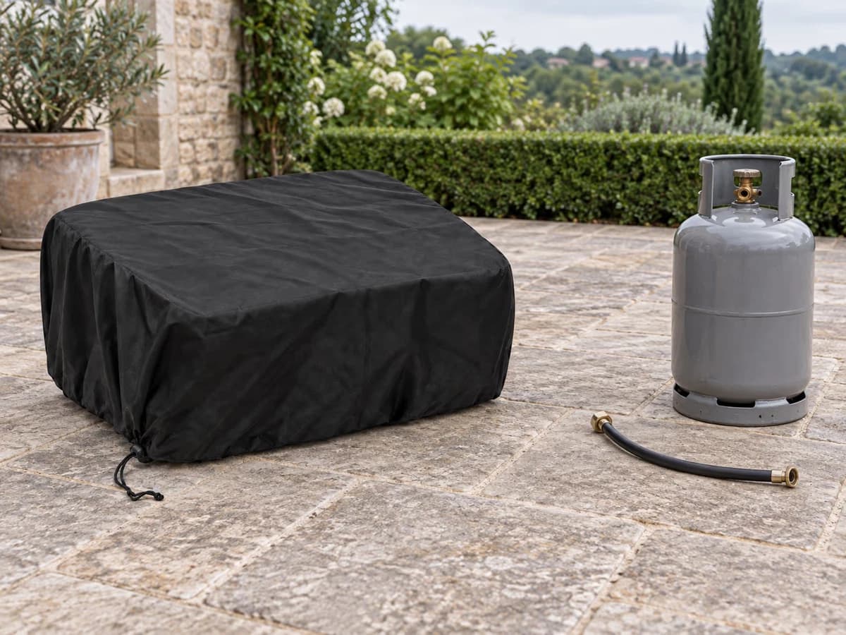 Bouteille de gaz posée au sol à côté d'un appareil de cuisson de table couvert, flexible dégagé de l'ourlet de la housse noire