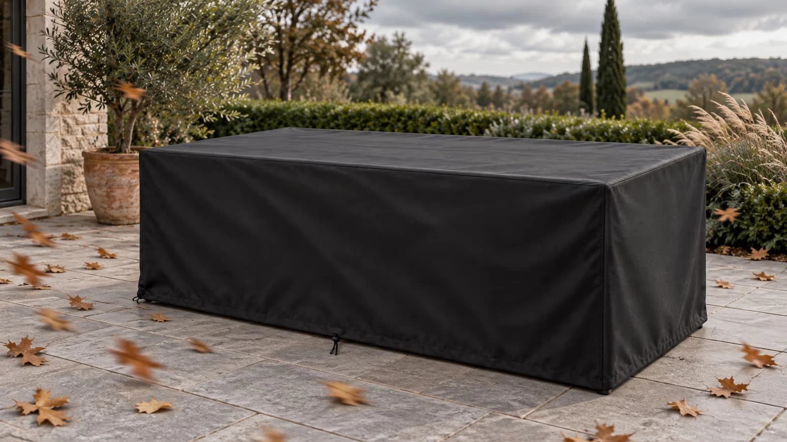 Table de jardin rectangulaire sous une housse noire, ourlet plaqué contre les pieds par une rafale d'automne