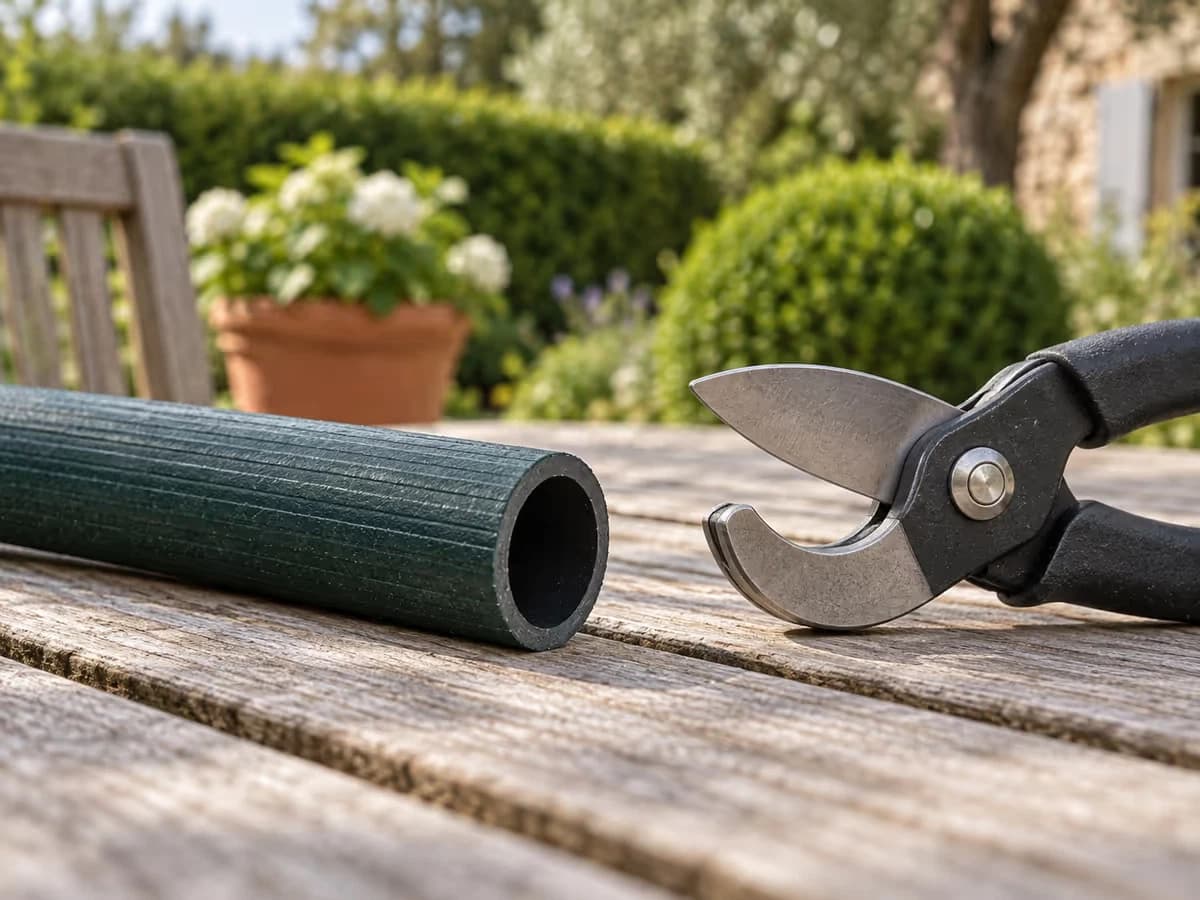 Coupe nette et perpendiculaire d'un tuyau d'arrosage vert de 19 mm au-dessus d'une table de jardin avec un outil spécifique