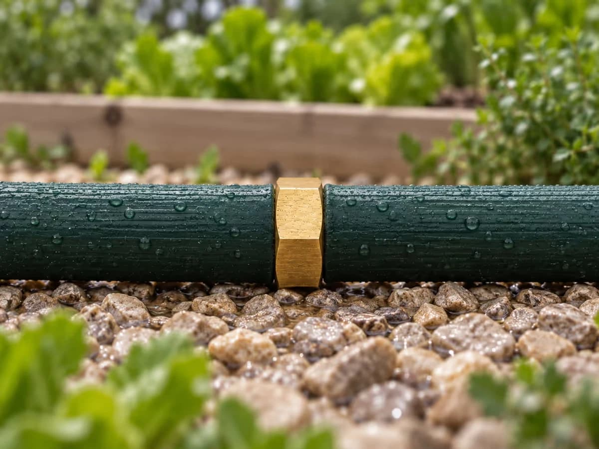 Contrôle visuel d'un manchon de raccordement en laiton sec, monté entre deux tuyaux verts, lors de la mise en eau