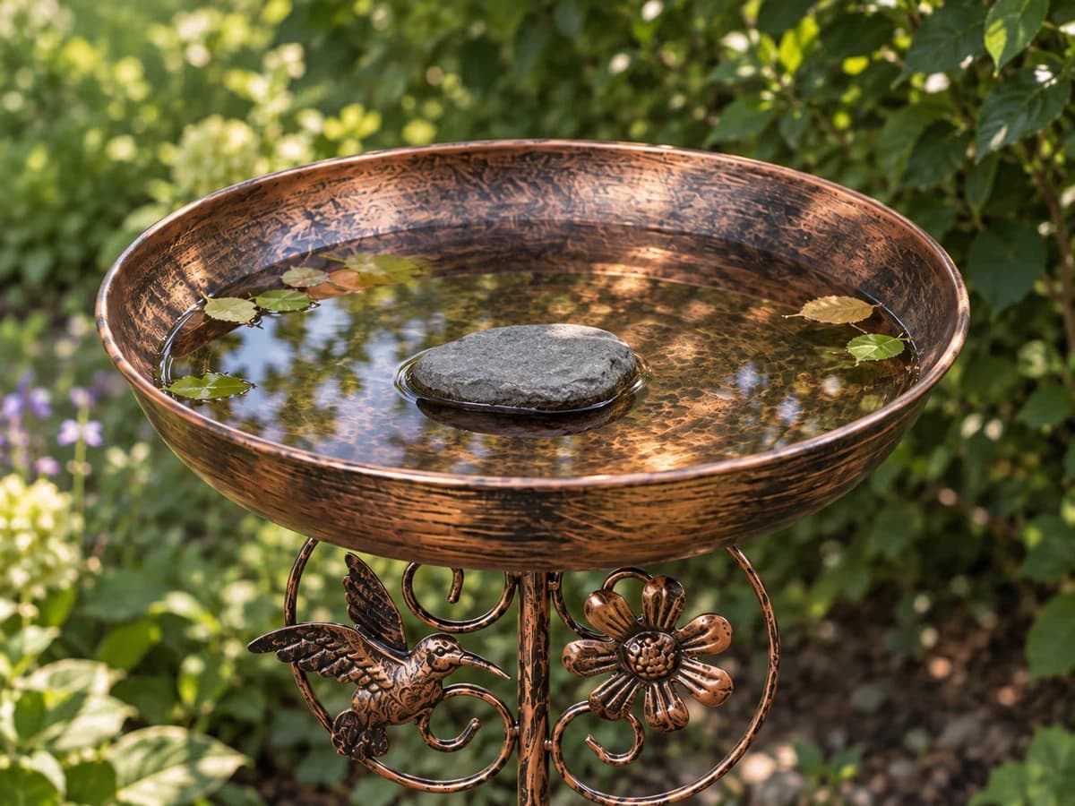 Vasque de métal patiné à l'ombre d'un buisson, eau claire et pierre plate au centre, fin d'après-midi