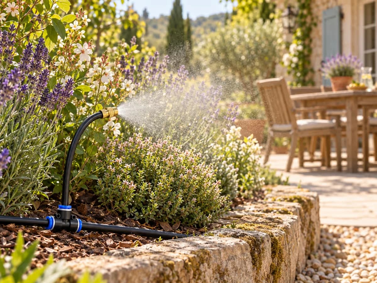 Buse de brumisation orientée vers un massif fleuri, brume dispersée loin d'une table de jardin en teck