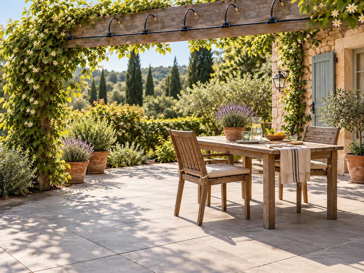 Terrasse en carrelage gris avec table et chaises vides, sol séchant au soleil après un cycle de brumisation