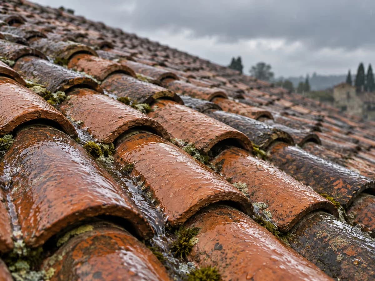 Gros plan sur des tuiles de terre cuite traditionnelles sous une pluie fine