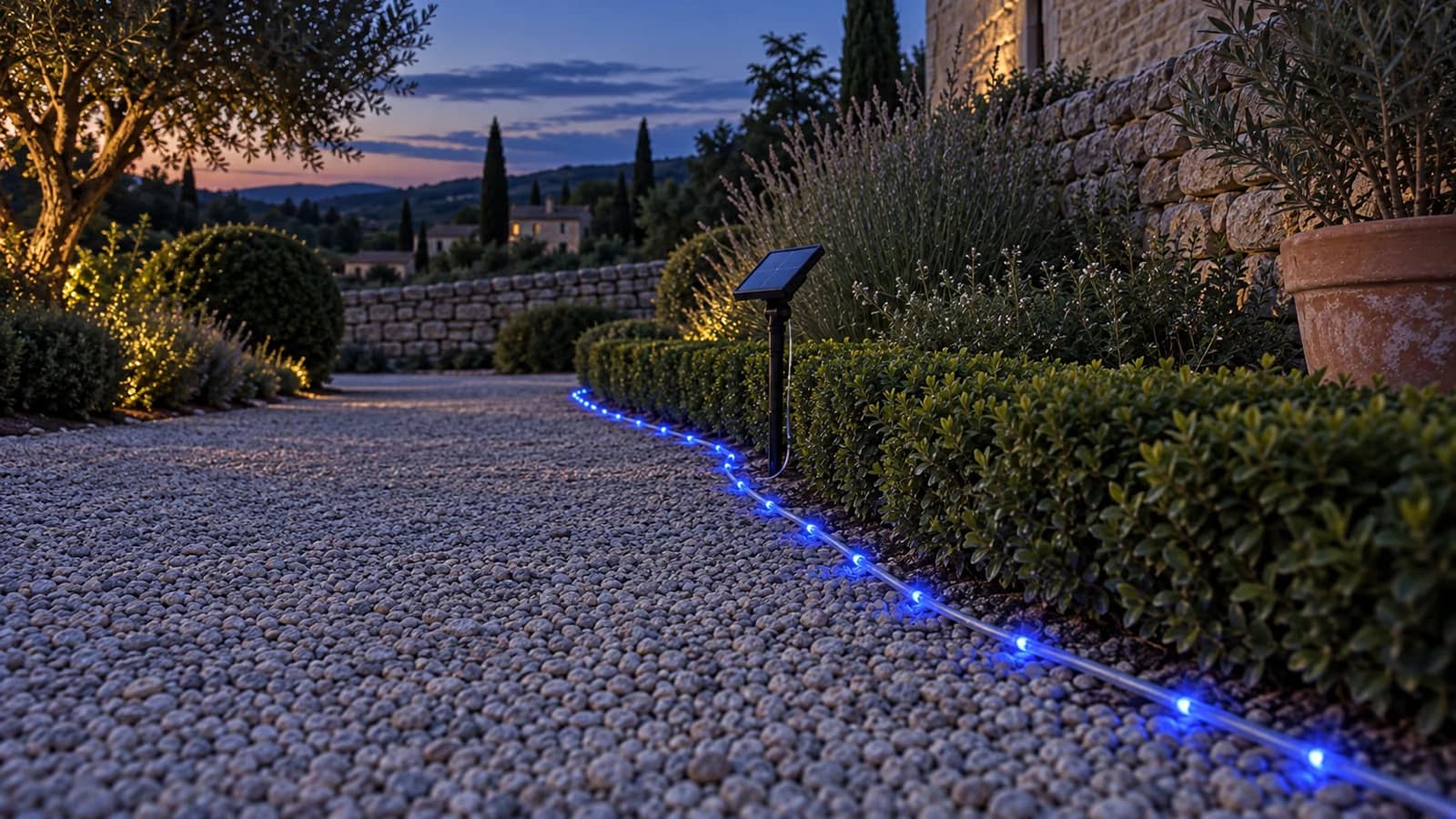 Corde lumineuse bleue posée prudemment le long d'une allée de jardin au crépuscule