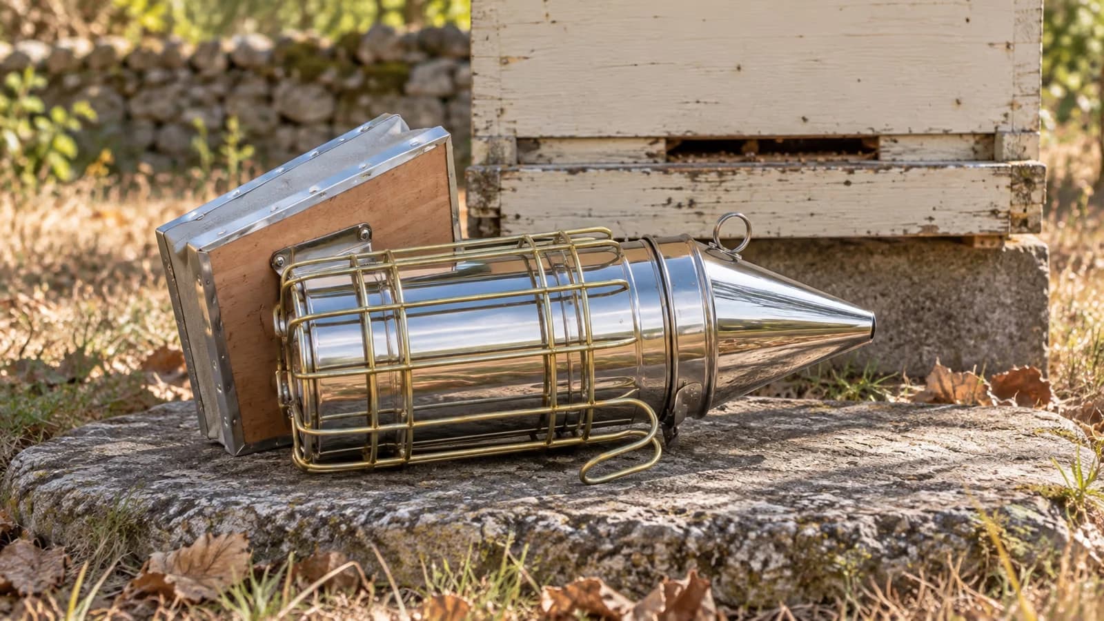 Enfumoir inox posé à plat sur une dalle de pierre au pied d'une ruche, couvercle conique en place et cage métallique visible