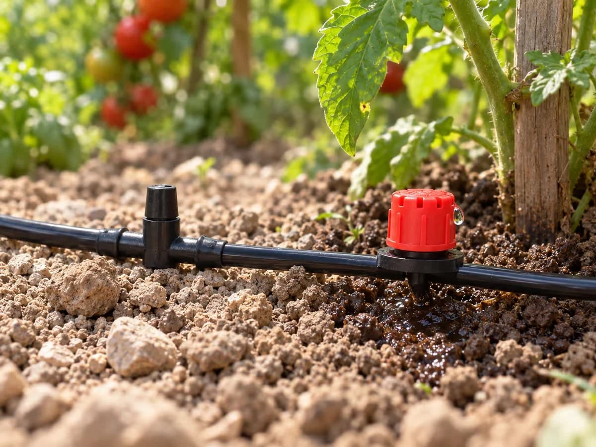Raccord en T noir emboîté sur un tuyau noir d'arrosage au sol, goutteur rouge enfoncé à quelques centimètres, sol sec autour d'une tache humide au pied d'un plant de tomate