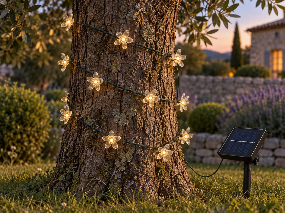 Une guirlande lumineuse enroulée avec des boucles amples autour d'un tronc d'arbre de taille moyenne