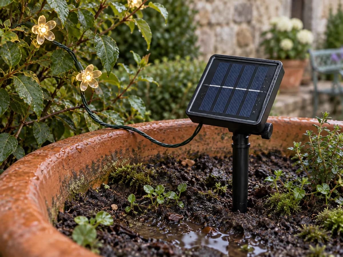 Un petit panneau solaire planté dans la terre d'une jardinière, surélevé par rapport au sol humide