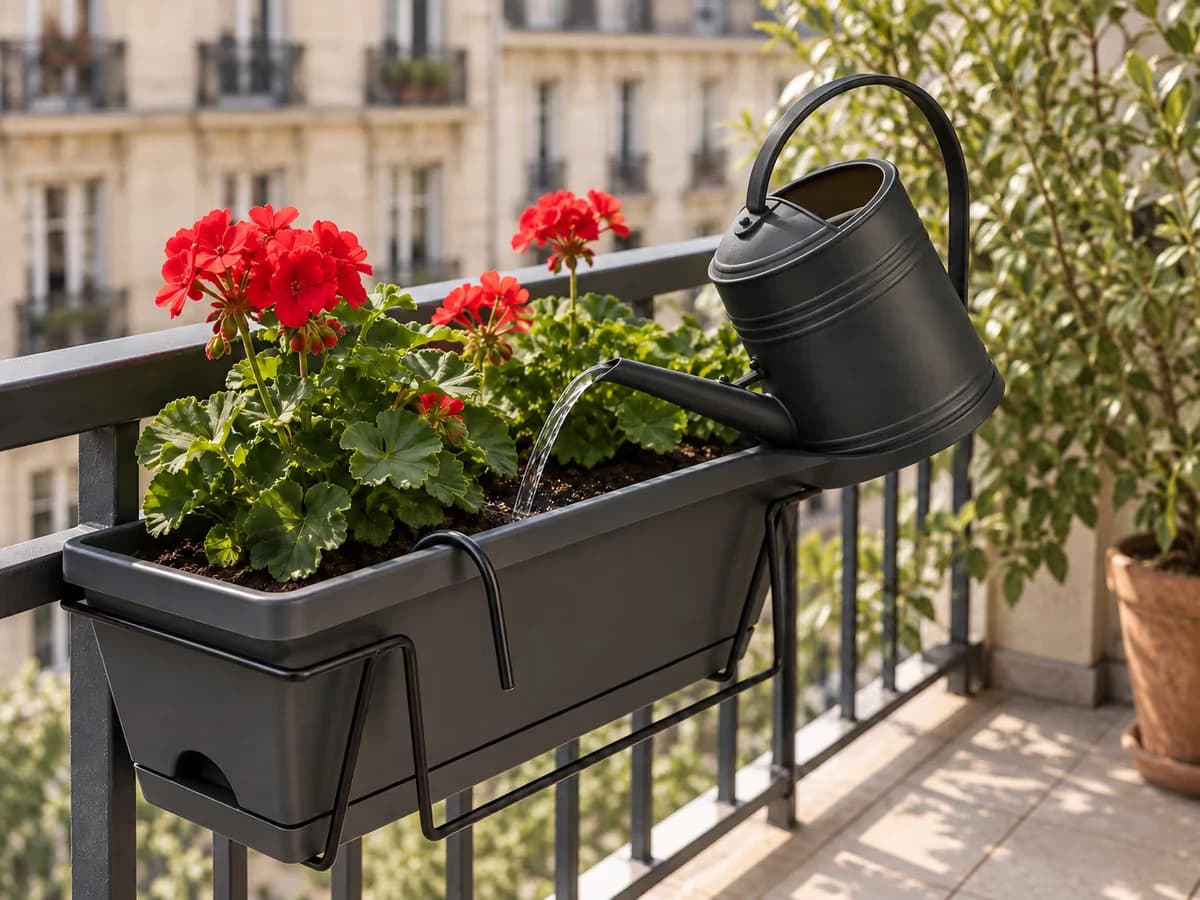 Arrosoir à bec long versé depuis l'intérieur d'un balcon vers le bac d'une jardinière de rambarde, sans que le corps dépasse la lisse
