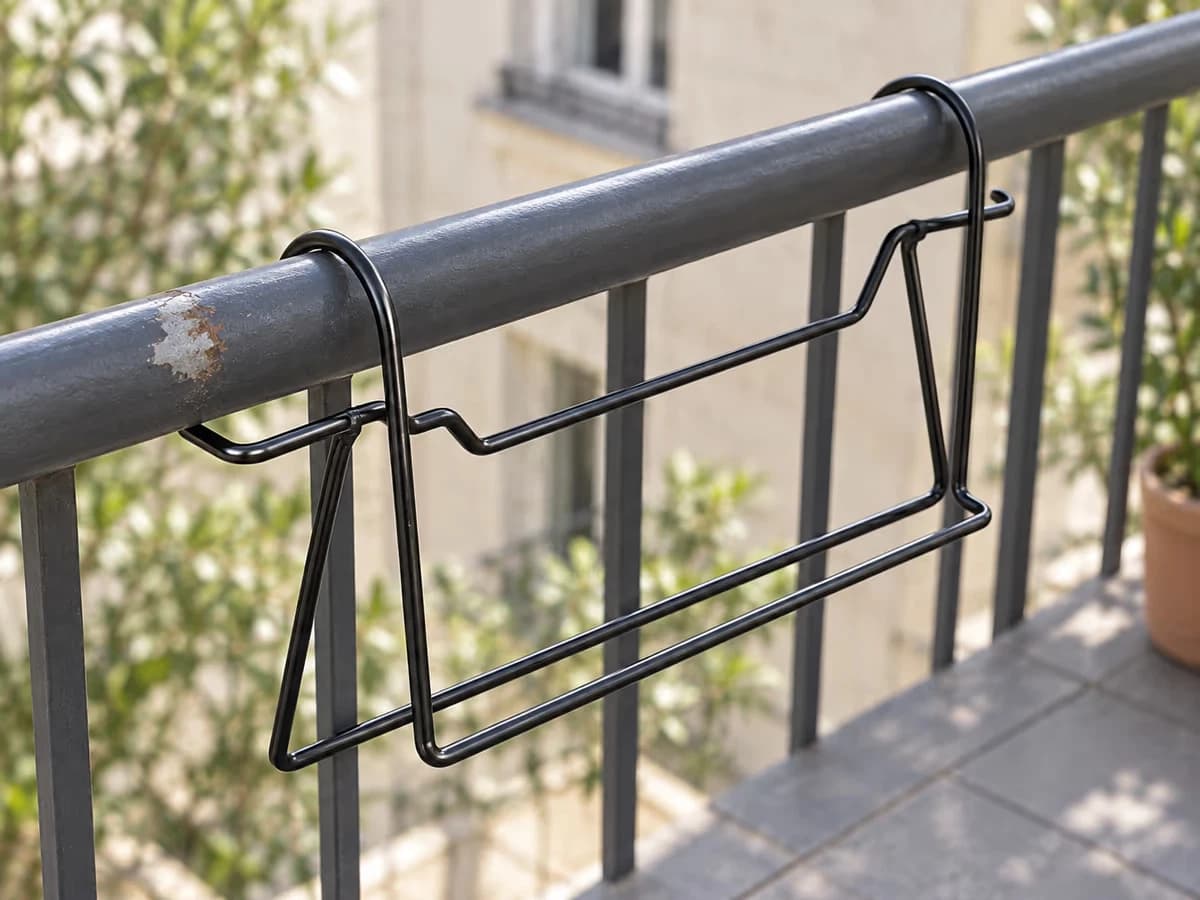 Gros plan sur le dessus d'une lisse métallique de balcon avec les deux crochets ouverts d'un support filaire posé à vide, peinture écaillée sur une zone
