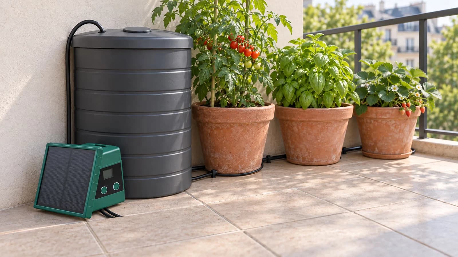Kit d'arrosage solaire posé contre un mur de balcon, bloc à panneau solaire au pied d'un récupérateur d'eau couvert, tuyau noir courant le long de jardinières