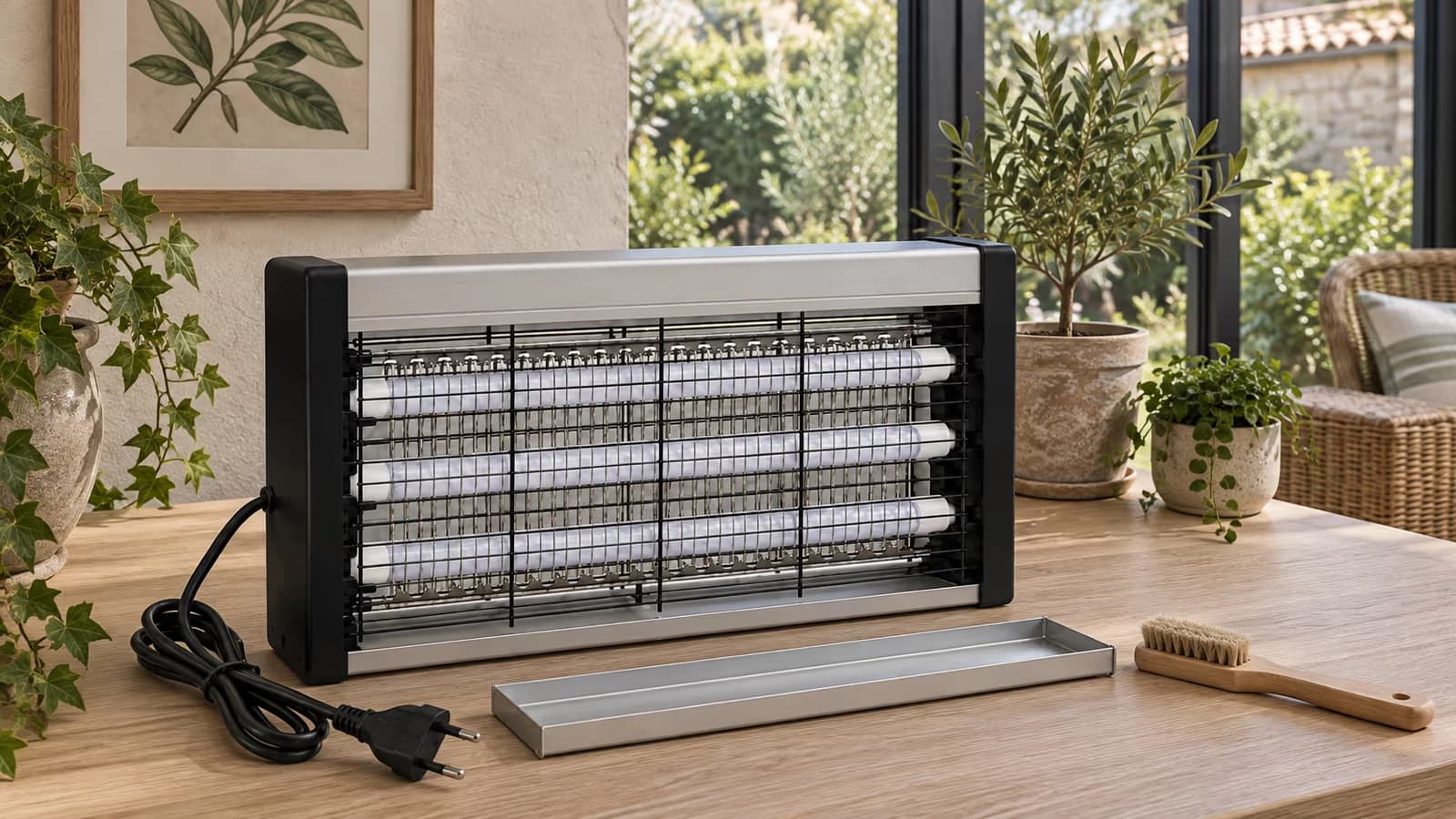 Lampe UV anti moustique débranchée posée sur une table de véranda avec son bac retiré et une brosse sèche à côté