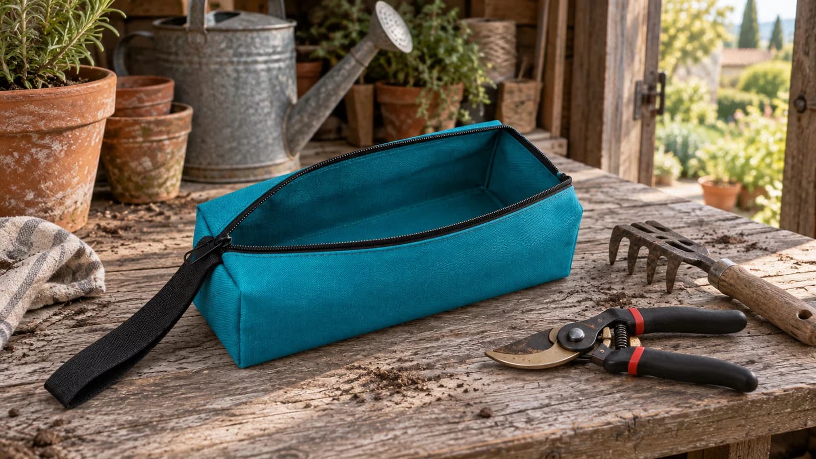 Pochette de rangement en toile turquoise ouverte sur un établi de cabanon, un sécateur posé à côté sur le bois