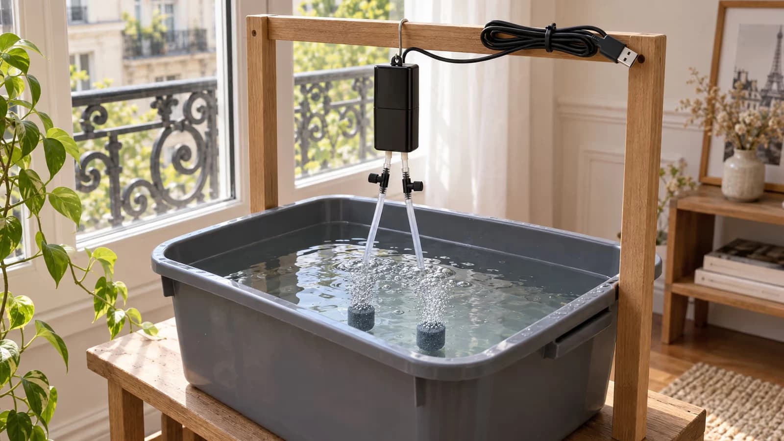 Boîtier de pompe à air suspendu par son œillet au-dessus du plan d'eau d'une réserve, deux tubes souples plongeant vers une paire de pierres grises